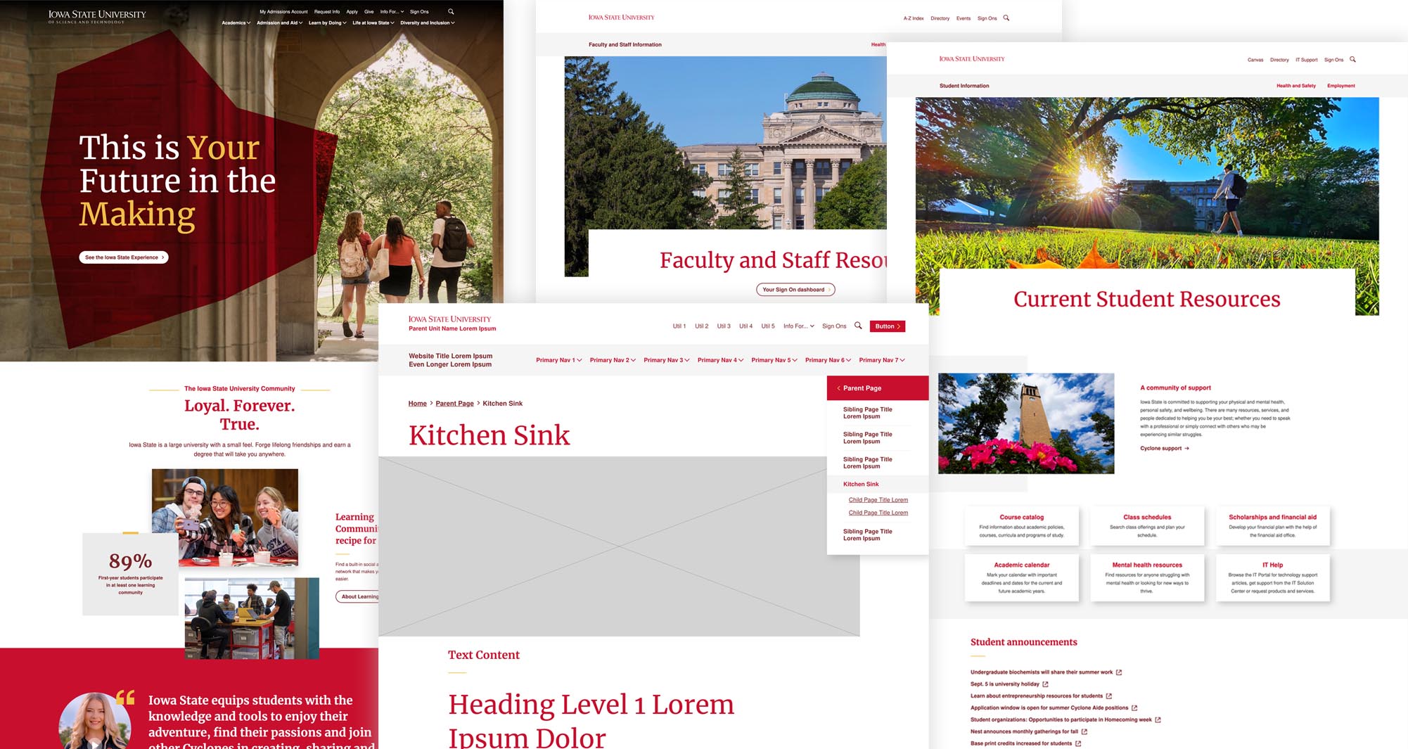 A collage of four sample webpages designed with the new theme