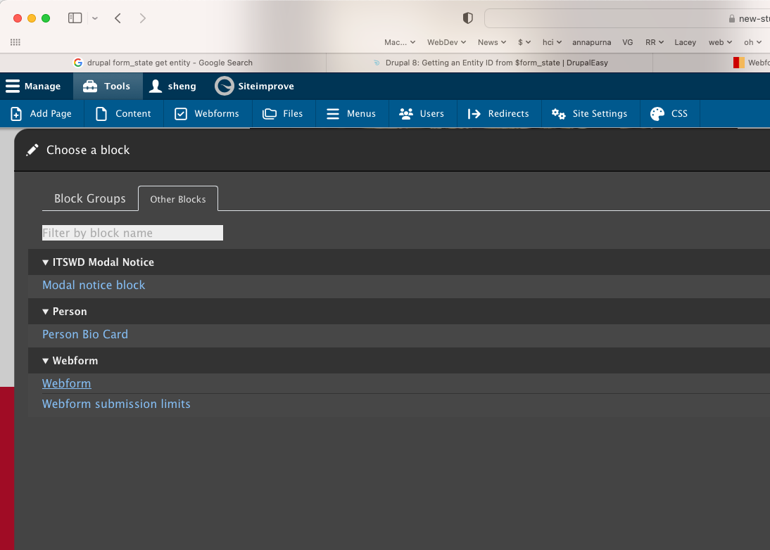 Screenshot of Drupal admin "block" interface