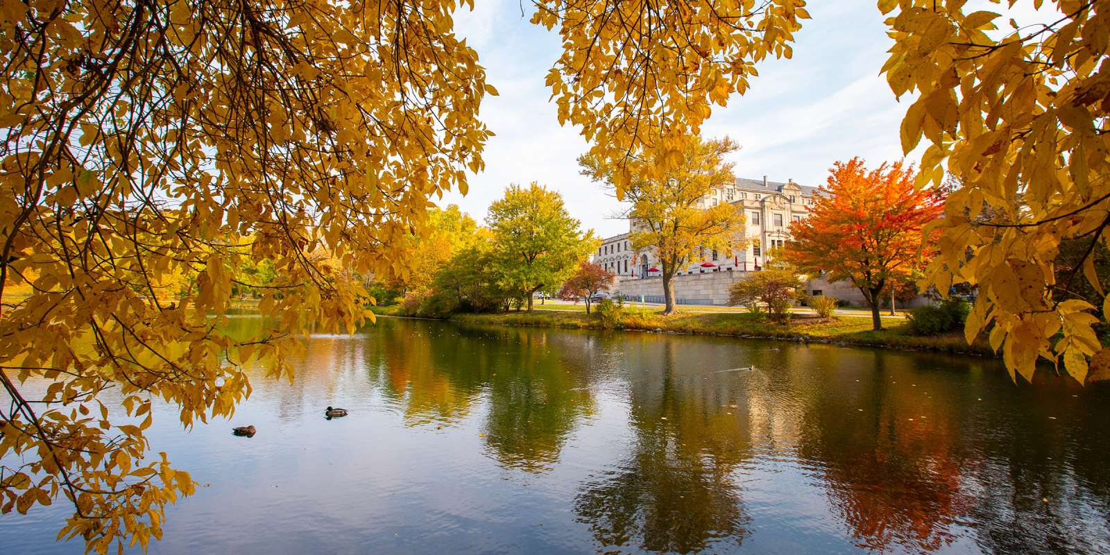 Lake Lavern with the MU in the background with fall leaves